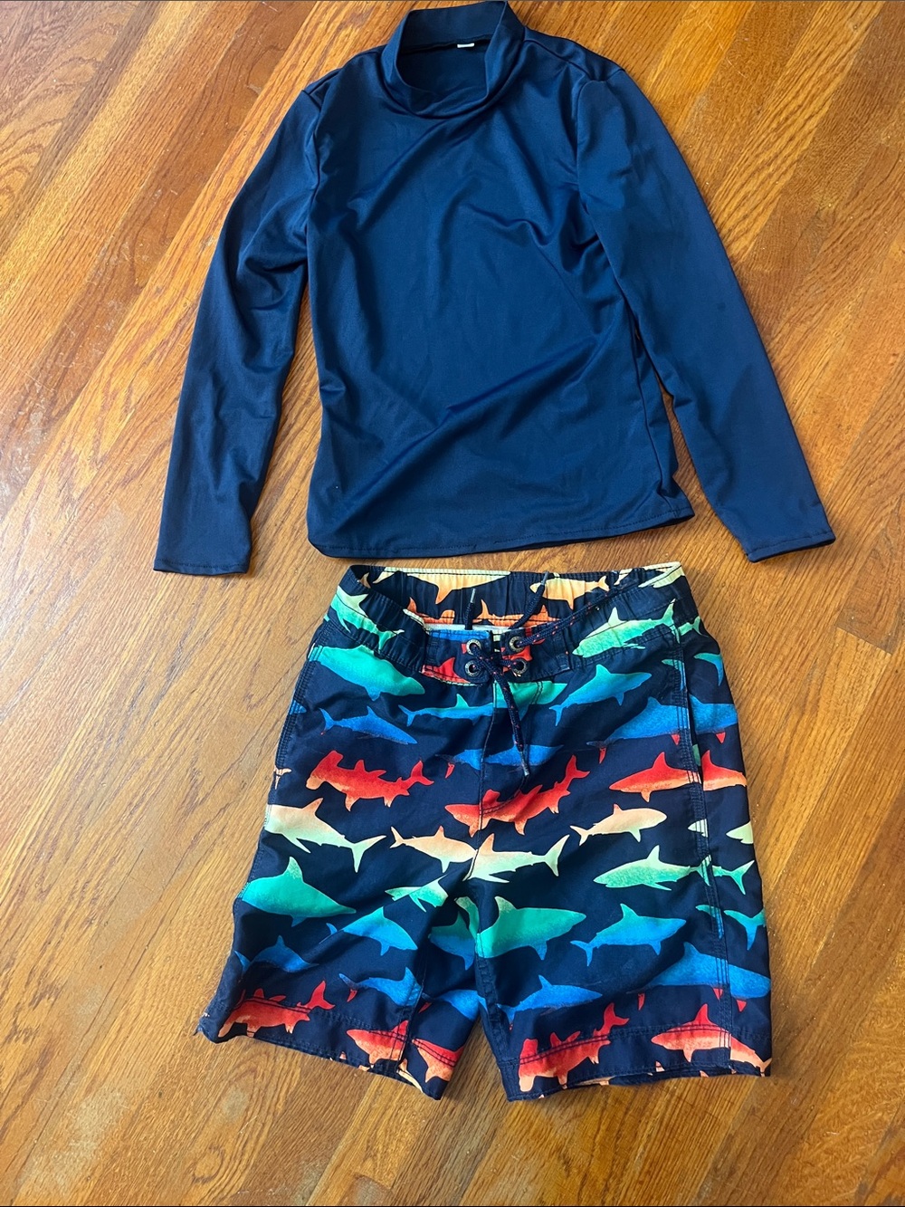 Navy Rashguard with Multicolor Shark Swim Shorts, Size 6/7